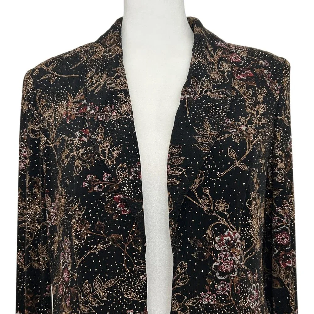 Alex Evenings Vintage Metallic Glitter Floral Design Open Front Jacket (S)